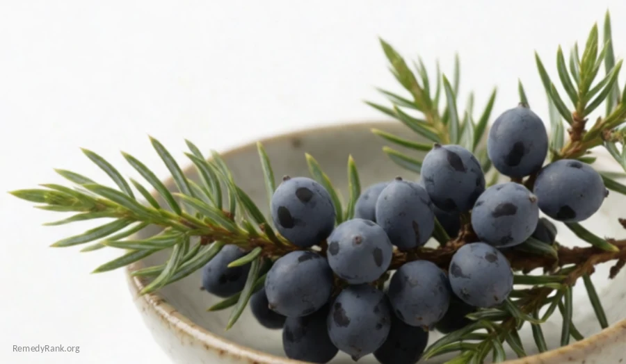 A sprig of evergreen juniper needles with a small cluster of dark blue-purple berries in a ceramic bowl.