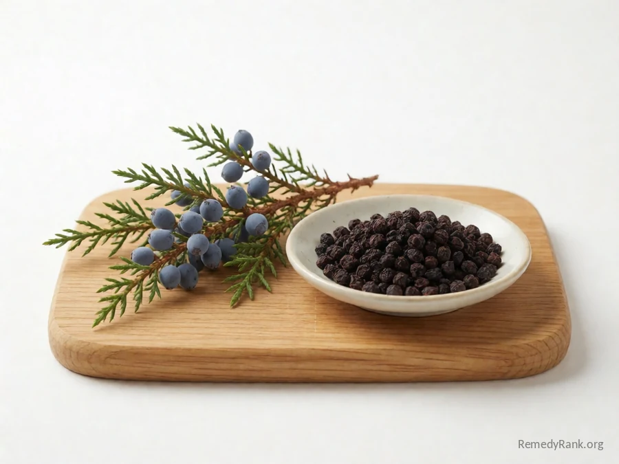 Fresh blue-purple juniper berries on the branch beside a dish of dried juniper berries.