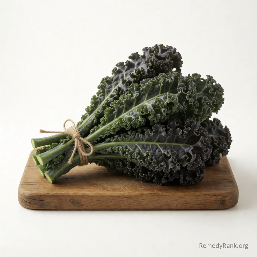 A bundle of dark curly kale leaves tied with twine rests on a wooden board.