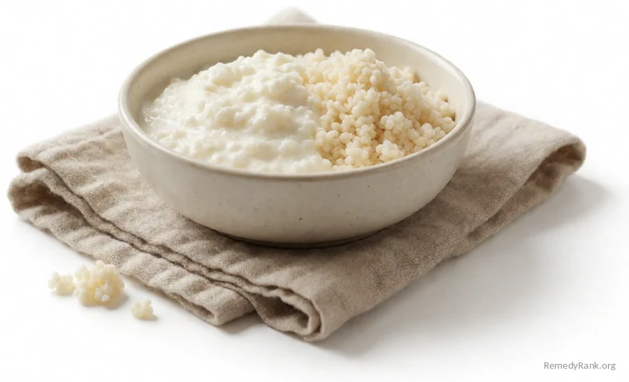 A glass of thick white kefir beside small kefir grains.
