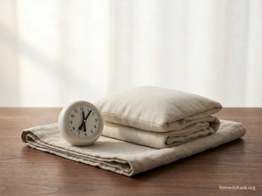 A small kitchen timer next to a folded cushion.