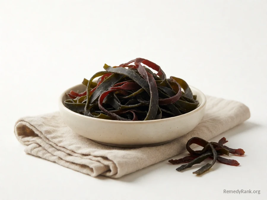 Dried kelp and dulse seaweed in dark green and deep red strands.