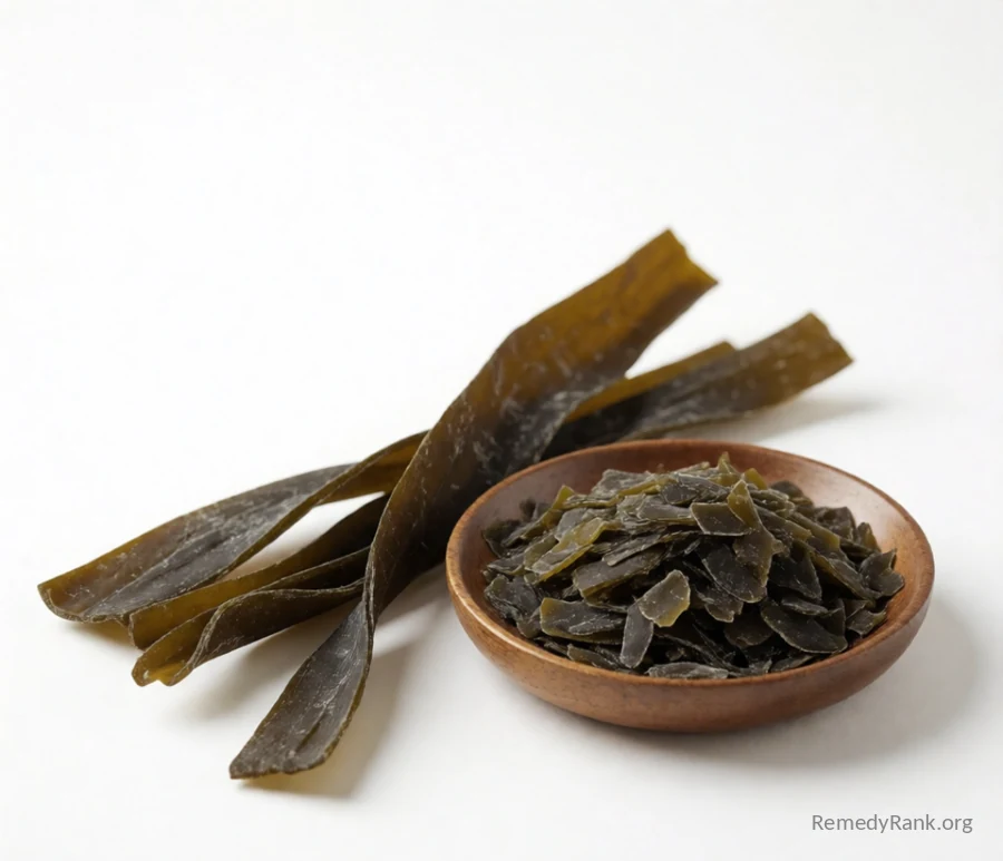 A few strands of dried dark brown kelp rest beside a small wooden bowl of kelp flakes.