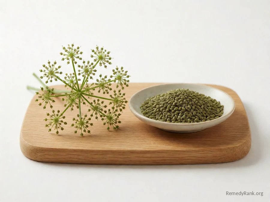 A fresh khella seed umbel beside a dish of dried khella seeds.