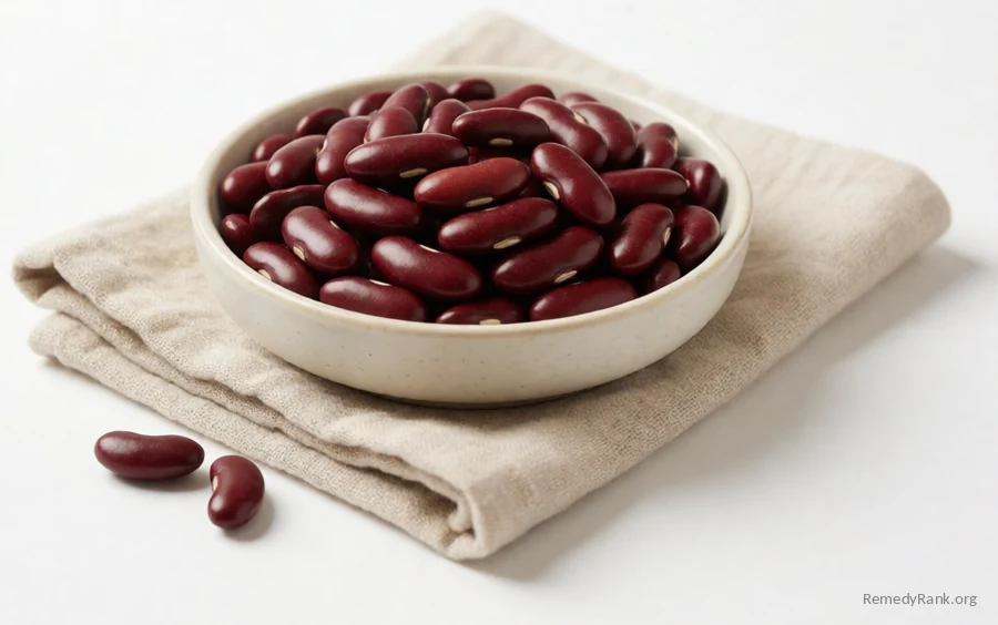 Dried kidney beans in deep maroon-red.