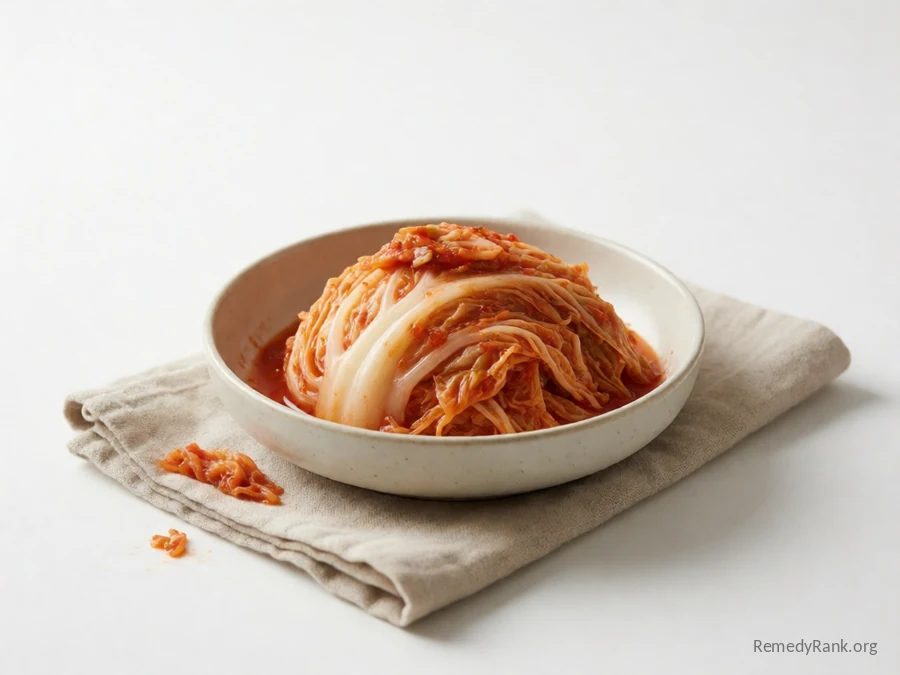 Vivid red fermented kimchi cabbage glistening with chili paste.