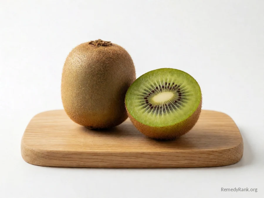 A whole kiwi beside a cut half showing its green seeded flesh.
