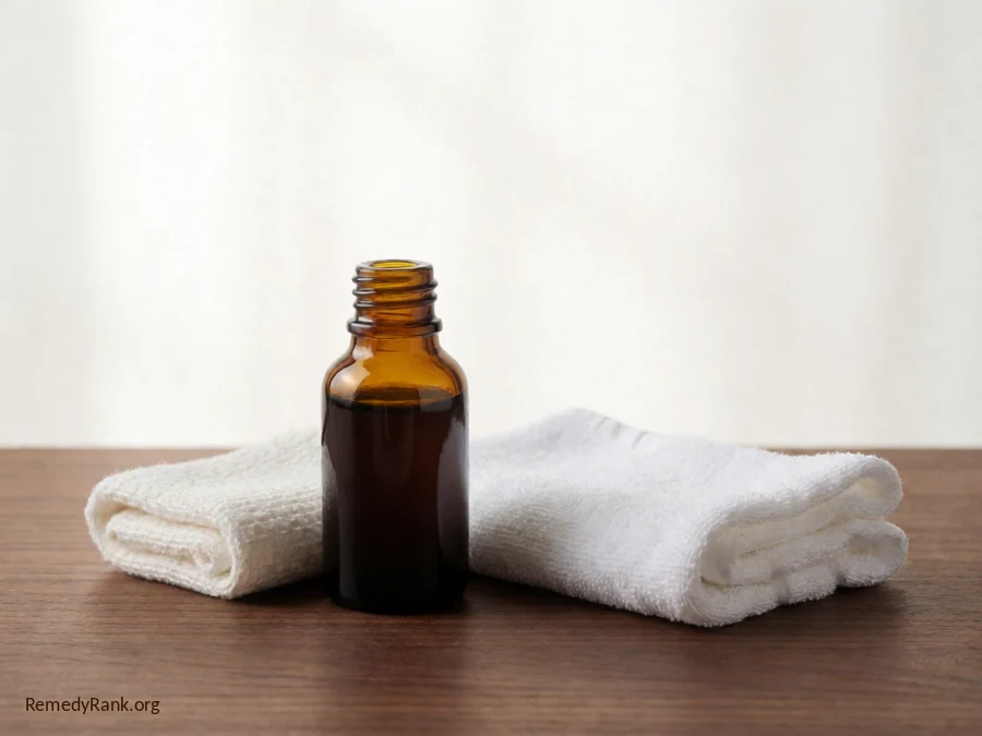 A small amber glass bottle of dark liniment next to a folded cloth.