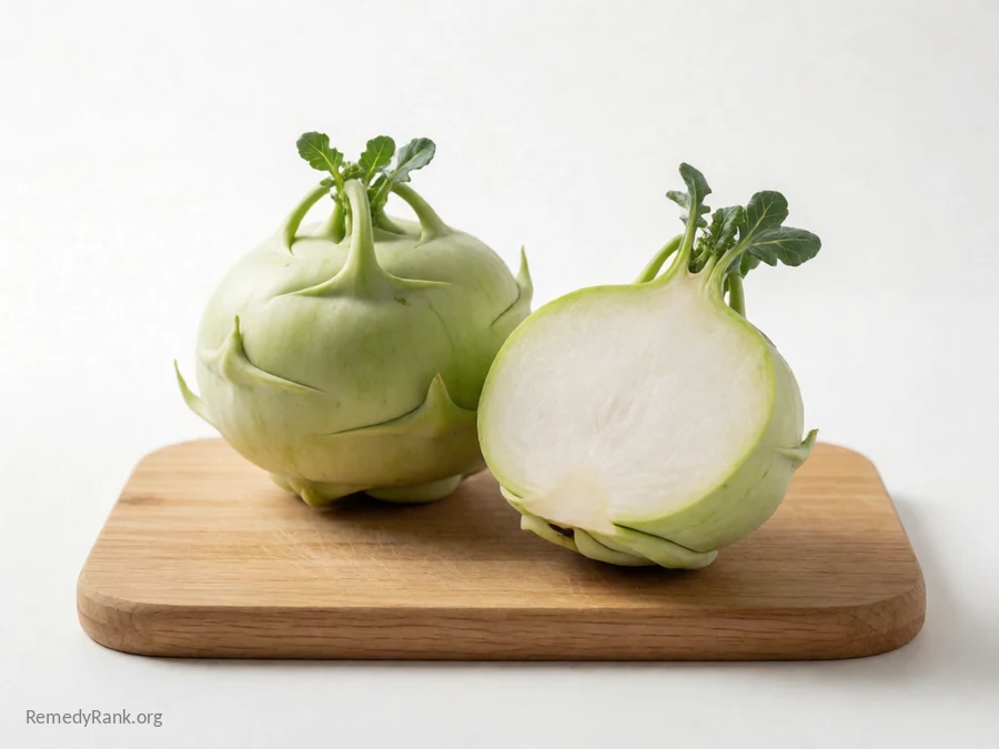 A whole kohlrabi beside a cut half showing its white flesh.