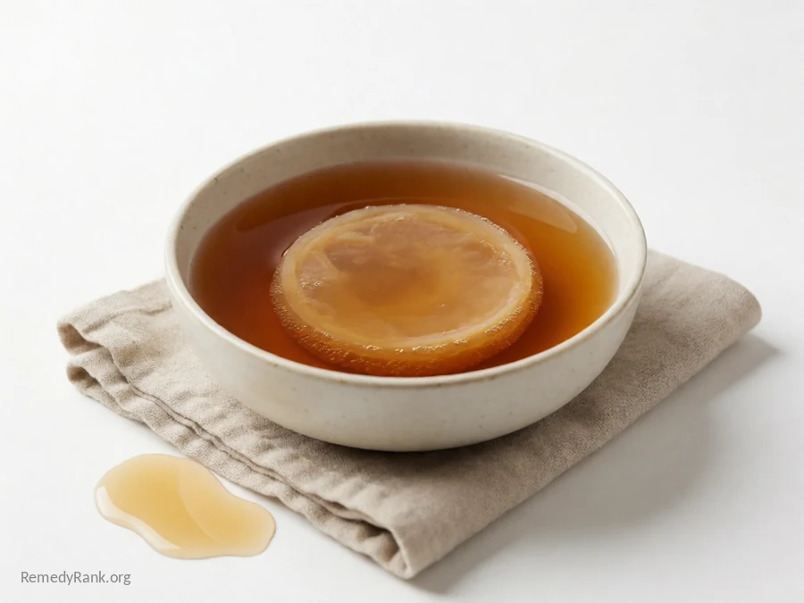 A glass of amber kombucha tea beside a pale scoby disc.