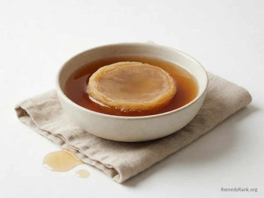A glass of amber, faintly fizzy kombucha beside a pale scoby.