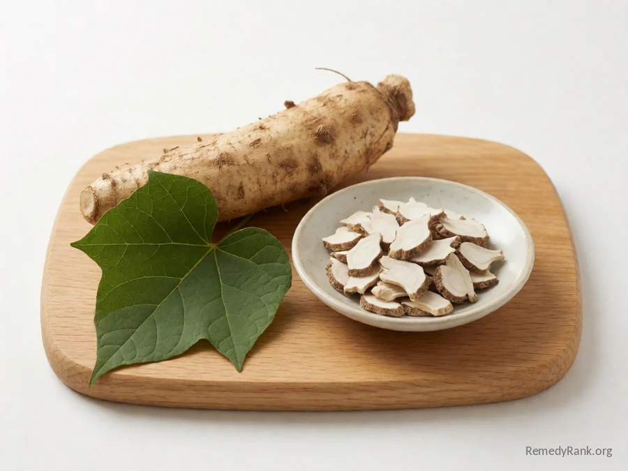 A kudzu root and leaf beside a dish of dried kudzu root slices.