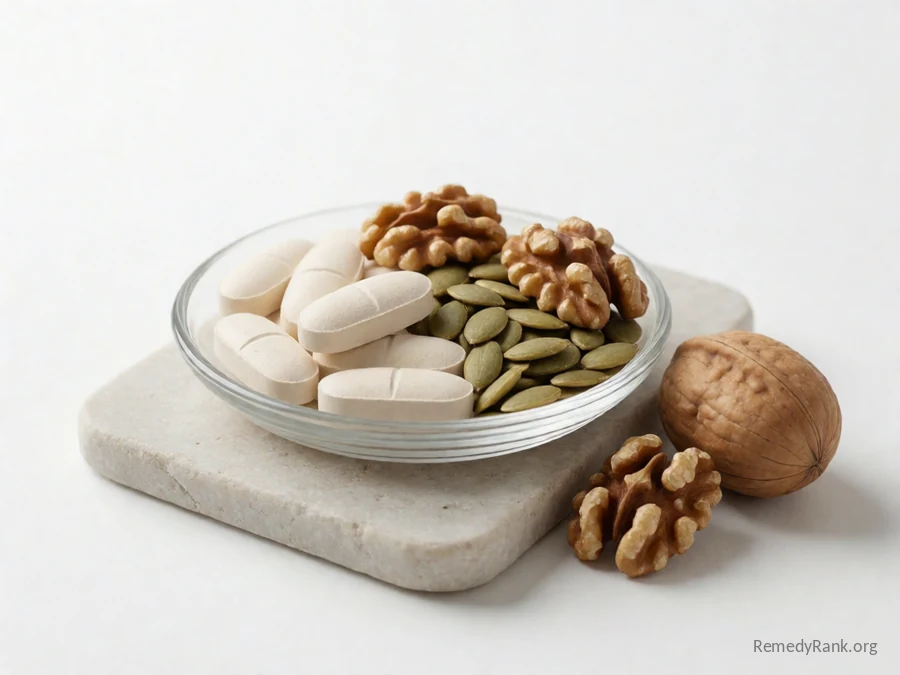 Off-white oblong tablets beside walnuts and pumpkin seeds.