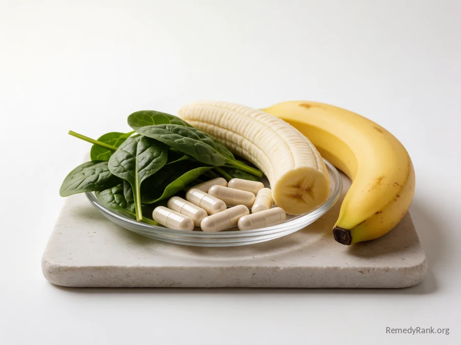 White capsules beside raw spinach leaves and a peeled banana.