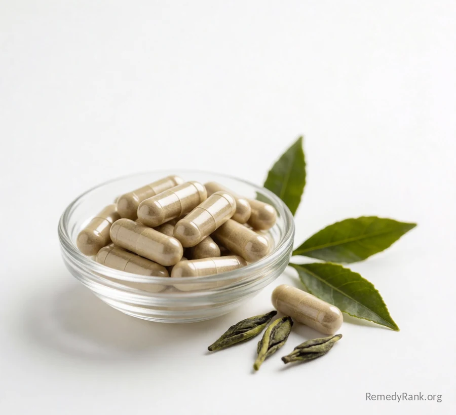A small glass dish of pale capsules resting beside a few loose whole green tea leaves.