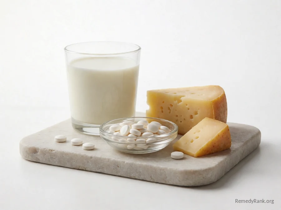 Small white tablets beside a glass of milk and a wedge of cheese.