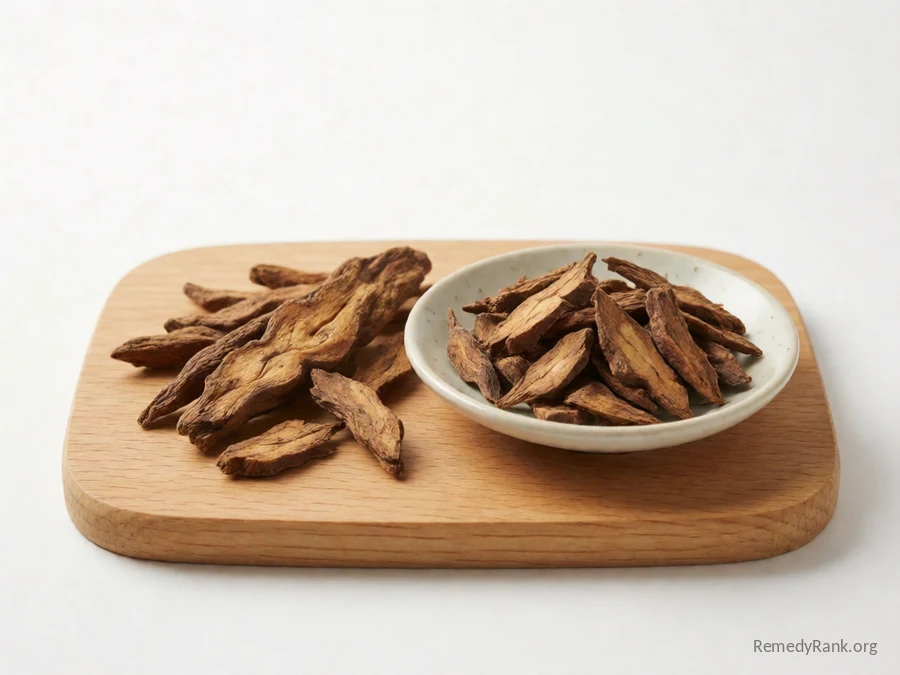 A piece of lady slipper root beside a dish of dried cut root.