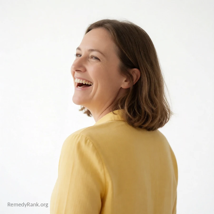A woman with shoulder-length hair in a plain yellow shirt, laughing joyfully, full figure visible against a white background.