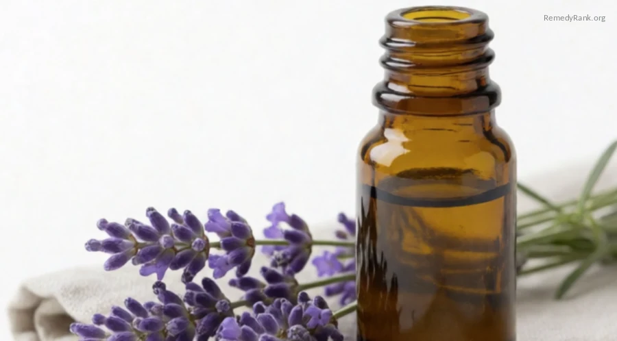 An amber bottle of lavender essential oil beside fresh lavender sprigs.