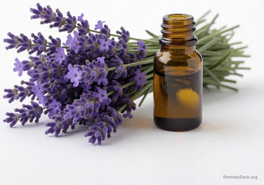 A bundle of fresh purple lavender stems tied together next to a small amber bottle of oil.