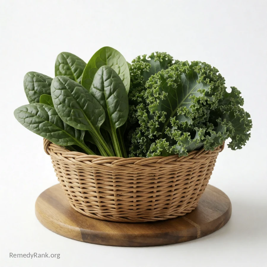 A woven basket overflowing with fresh dark green spinach leaves and curly kale.