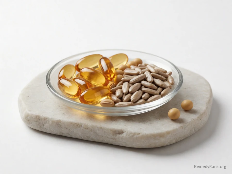 Amber softgel capsules beside sunflower seeds and a few soybeans.