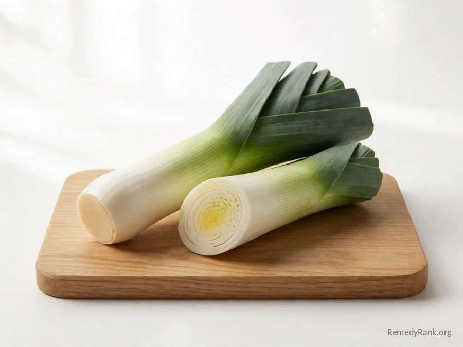 A whole leek beside a cut half showing its pale layered rings.