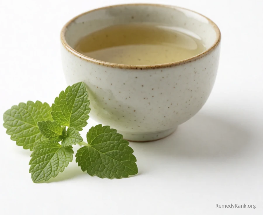 Fresh bright green lemon balm leaves next to a ceramic cup of pale herbal tea.