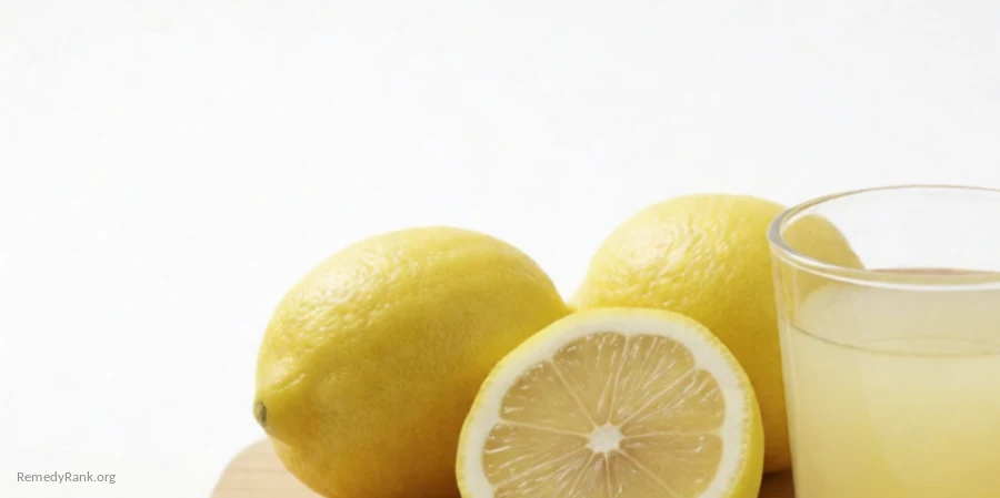 Whole and halved lemons beside a small glass of lemon juice on a wooden board.