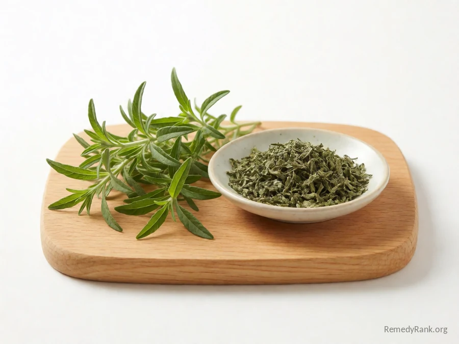 Fresh lemon verbena leaves beside a dish of dried lemon verbena.