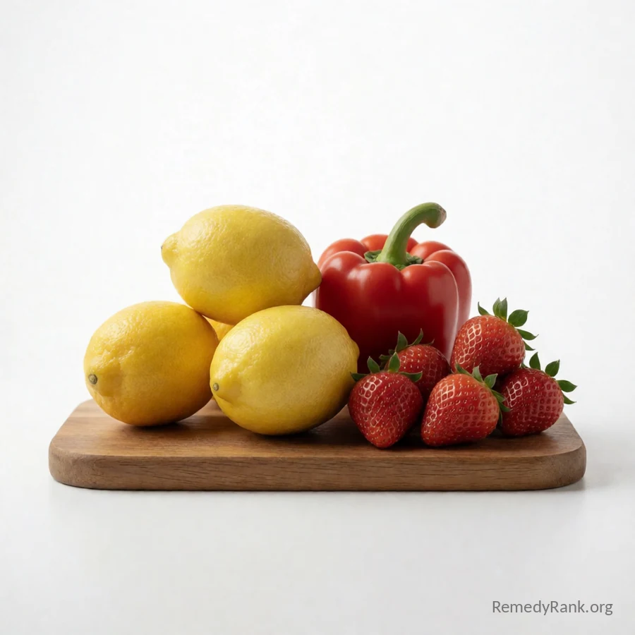 Fresh lemons, a red bell pepper, and strawberries arranged together on a wooden board.