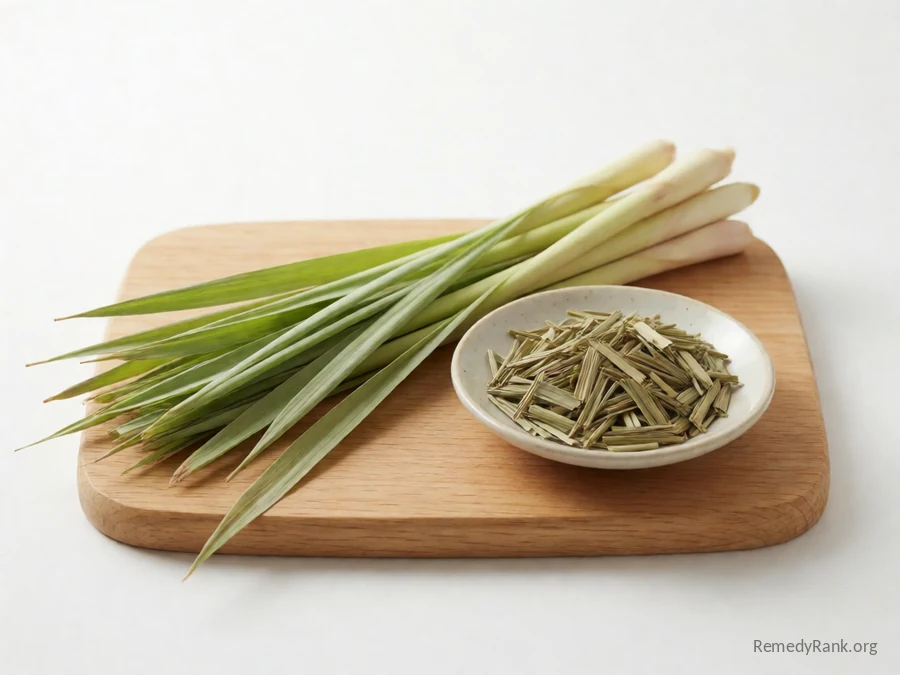 Fresh lemongrass stalks beside a dish of dried chopped lemongrass.