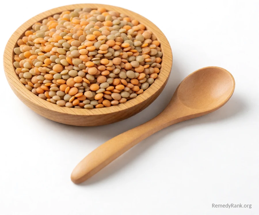 A small wooden bowl of dried red and green lentils poured beside a plain wooden spoon.