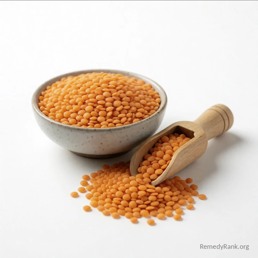 A bowl of dried orange-red lentils sits beside a wooden scoop and a small scatter of loose lentils.