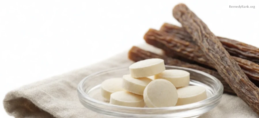 Pale chewable DGL tablets in a glass dish beside dried licorice root sticks.
