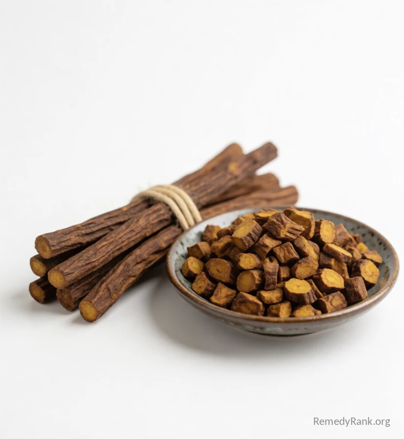 Dried brown licorice root sticks next to a small ceramic dish of chopped root.
