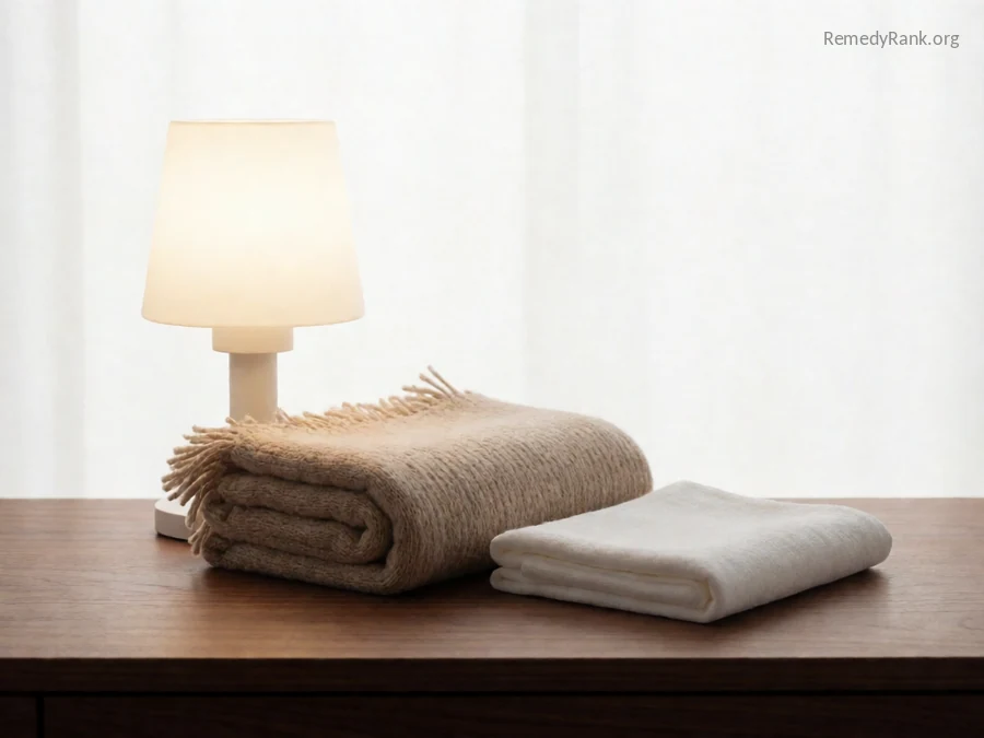 A small bright lamp on a stand next to a folded throw.