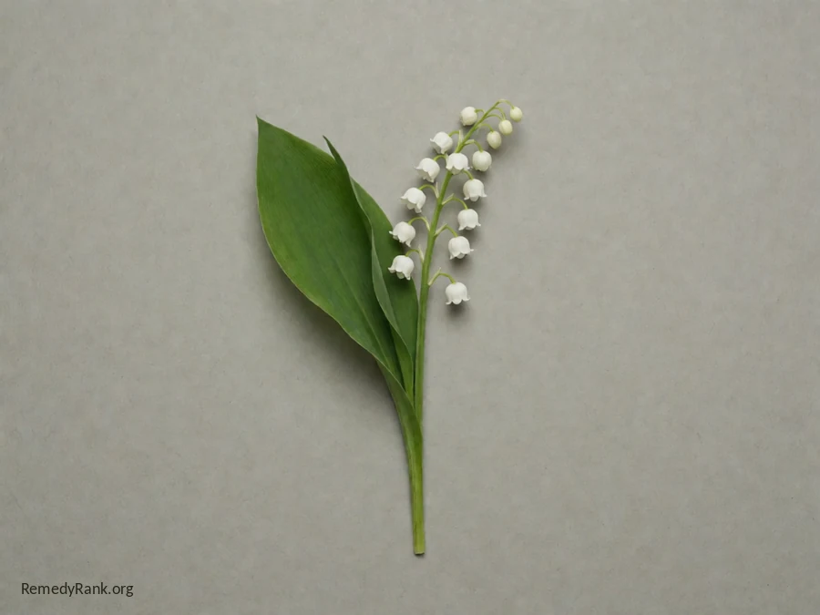 A stem of lily of the valley with white bell flowers and two broad green leaves, photographed plainly on a neutral grey background.