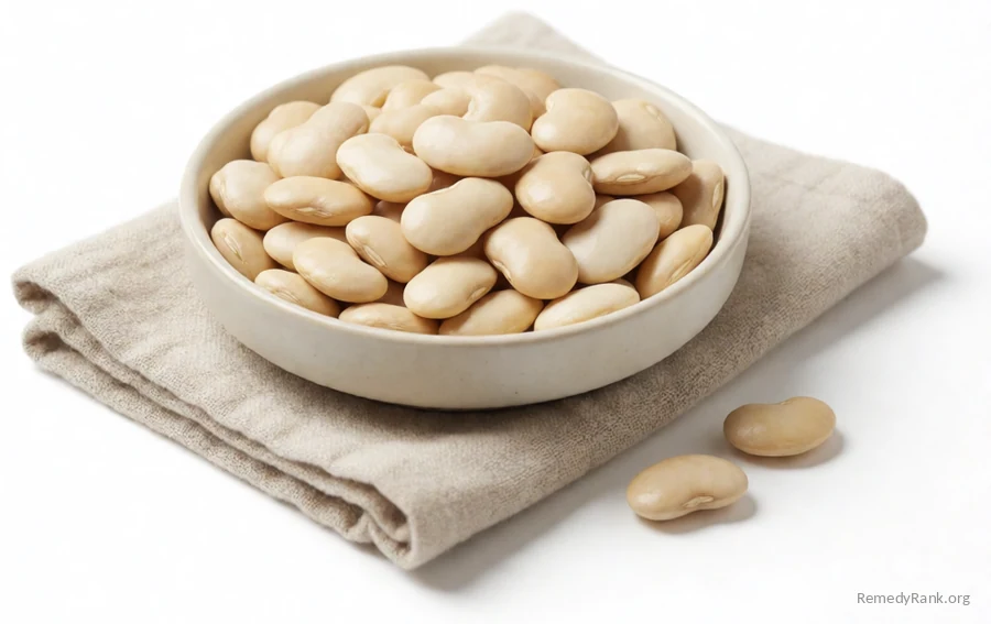 Dried lima beans, flat and pale cream colored.