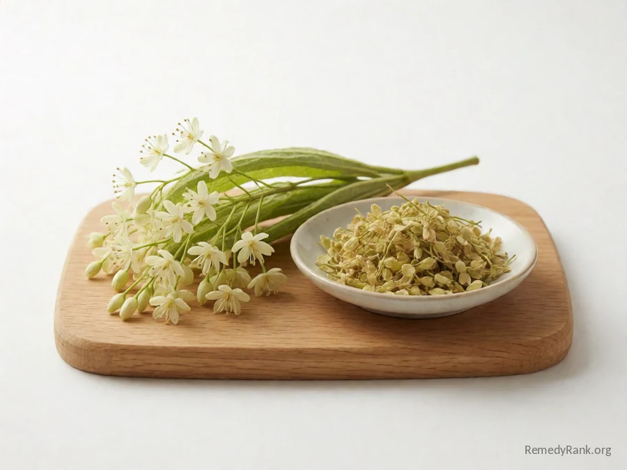 A fresh linden flower cluster beside a dish of dried linden blossom.