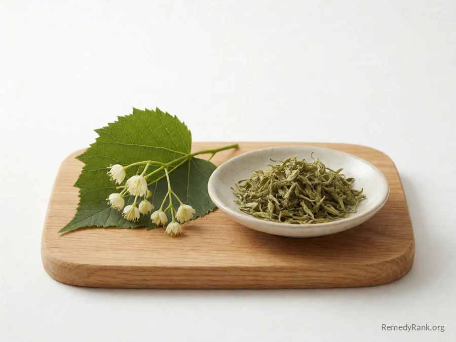 A fresh linden leaf and flower beside a dish of dried linden tea.