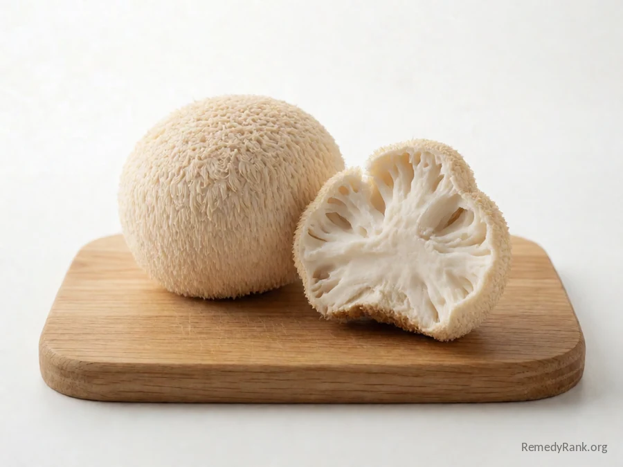 A whole lion's mane mushroom beside a piece torn to show its white interior.