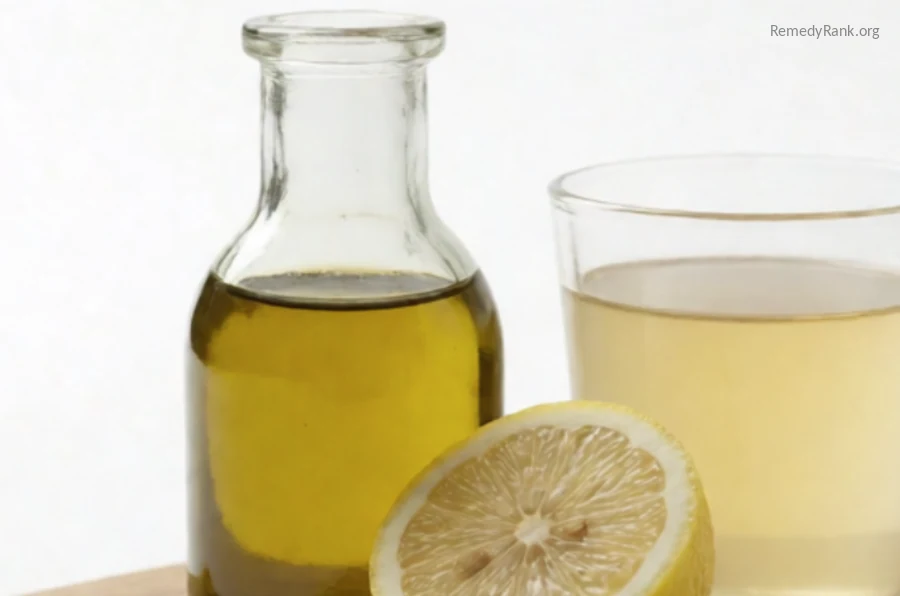 A bottle of olive oil, a halved lemon, and a glass of apple juice on a wooden board.