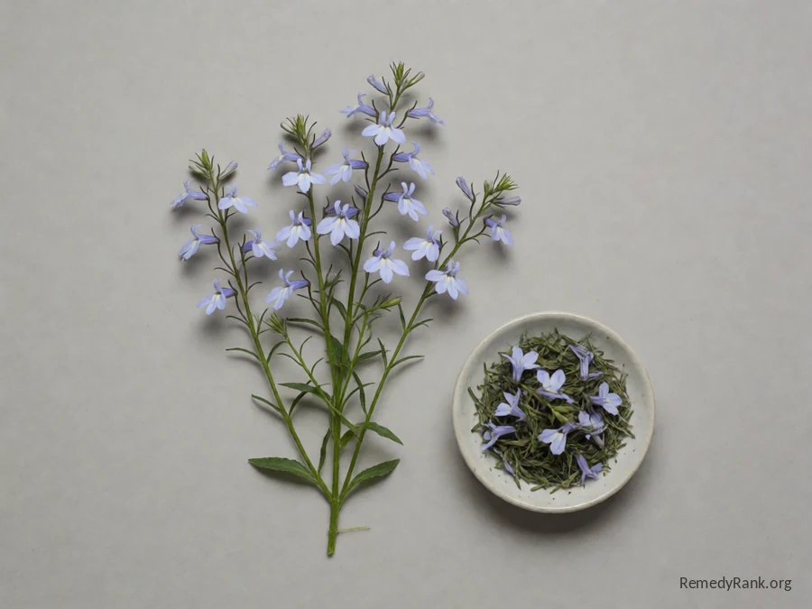 A sprig of lobelia with small pale blue two-lipped flowers and a small dish of the dried herb, photographed plainly on a neutral grey background.