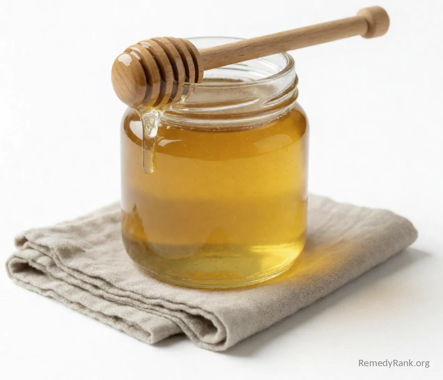 A glass jar of raw golden honey with a wooden honey dipper on a linen cloth.