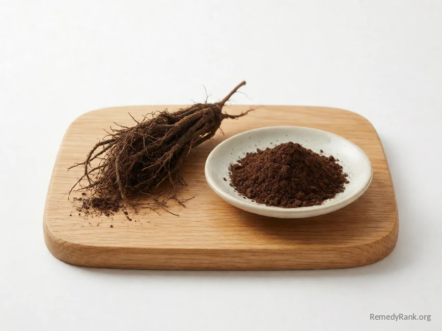A piece of lomatium root beside a dish of dried root extract powder.
