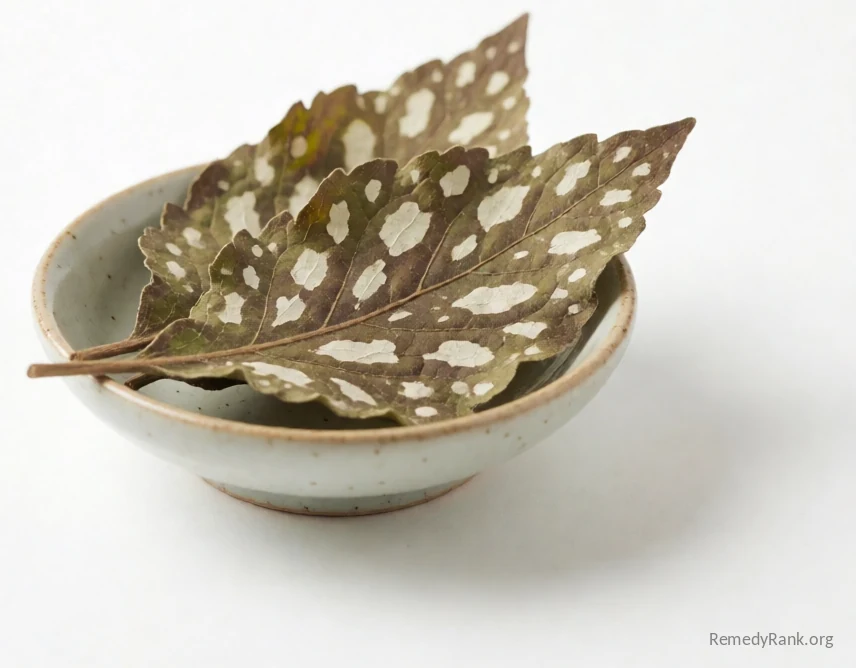 A few dried lungwort leaves with pale white spotting resting in a small ceramic bowl.