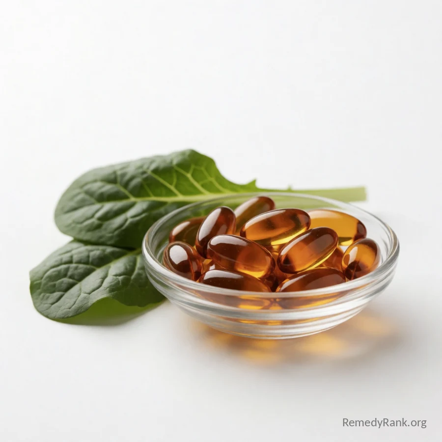 A small glass dish of deep orange softgel capsules resting beside a few dark leafy greens.