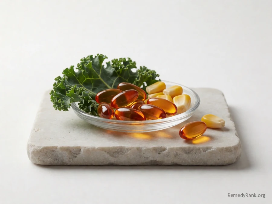 Deep orange softgel capsules beside kale leaves and corn kernels.