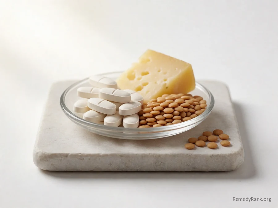 White oblong tablets beside raw lentils and a wedge of cheese.